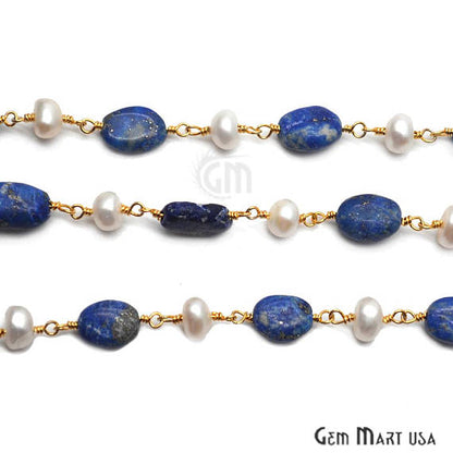 Lapis With Pearl Beads Chain, Gold Plated Wire Wrapped Rosary Chain - GemMartUSA (763905900591)