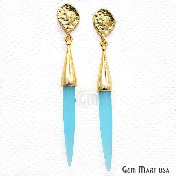 Light Sky Blue Chalcedony Spike Stud Earring, 64x9mm Spike Shape 24k Gold Plated Gemstone Dangle Earring (GPLS-90009) - GemMartUSA (763434500143)