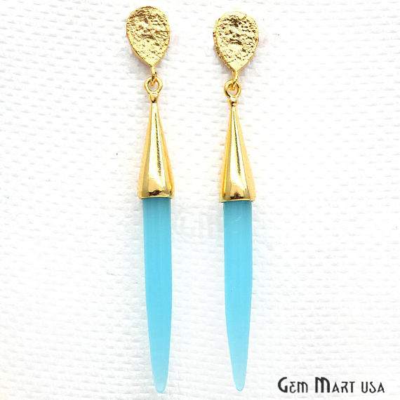 Light Sky Blue Chalcedony Spike Earring, 65x7mm Spike Shape 24k Gold Plated Gemstone Stud Earring (GPLS-90014) - GemMartUSA (763341176879)
