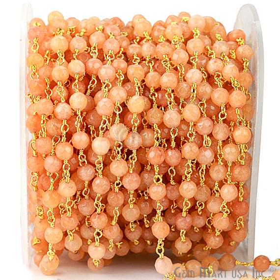 Sunstone Jade 4mm Beads Gold Plated Wire Wrapped Rosary Chain - GemMartUSA (764016689199)