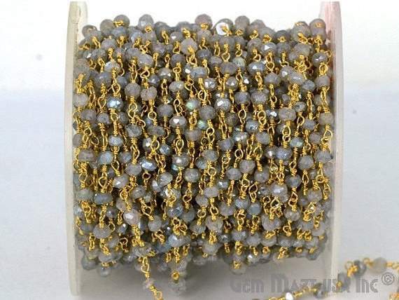Mystic Labradorite 2.5-3mm Gold Plated Wire Wrapped Beads Rosary Chain - GemMartUSA (764017344559)