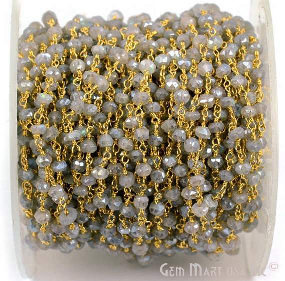 Mistique Labradorite 4mm Gold Plated Wire Wrapped Beads Rosary Chain - GemMartUSA (764018688047)