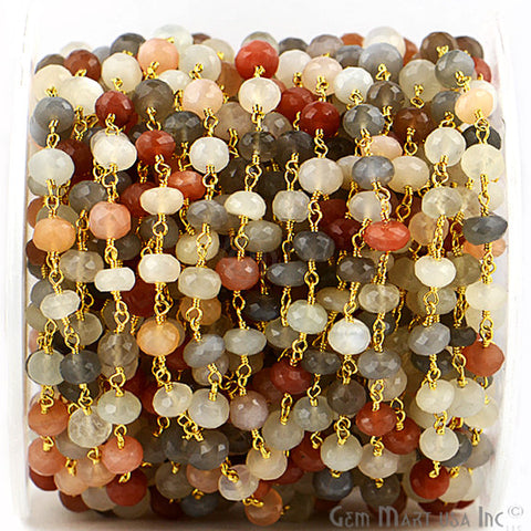 Multi Moonstone Beads Chain, Gold Plated Wire Wrapped Rosary Chain - GemMartUSA (763718991919)