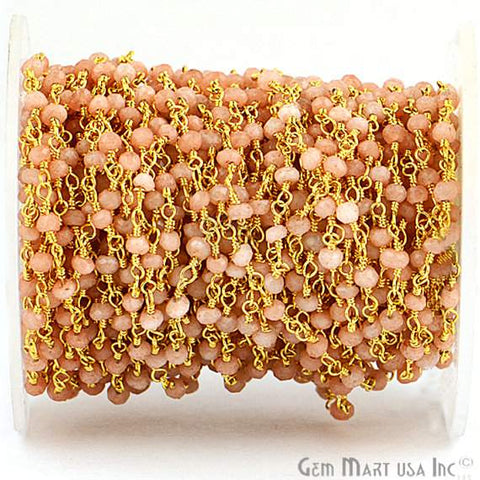 Peach Moonstone 3-3.5mm Gold Plated Wire Wrapped Rosary Chain - GemMartUSA (764019212335)