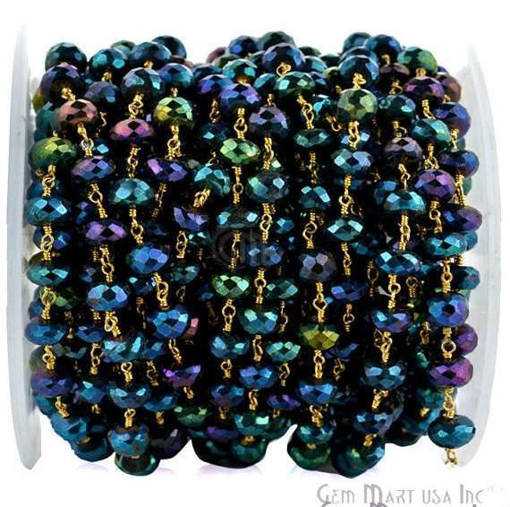 Mystique Pyrite 7-8mm Beads Chain, Gold Plated Wire Wrapped Rosary Chain - GemMartUSA (764021964847)