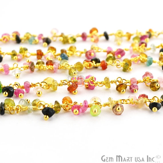 Multi Tourmaline Faceted Beads Gold Plated Cluster Dangle Chain - GemMartUSA (764174336047)