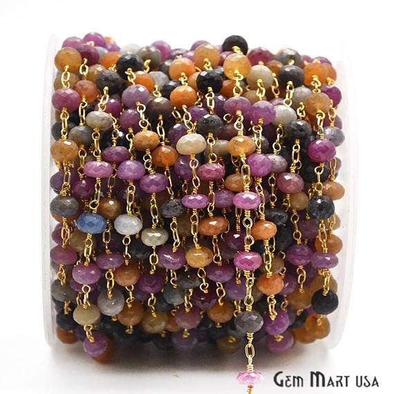 Multi-Color Beads Chain, Gold Plated Wire Wrapped Rosary Chain - GemMartUSA (764024258607)