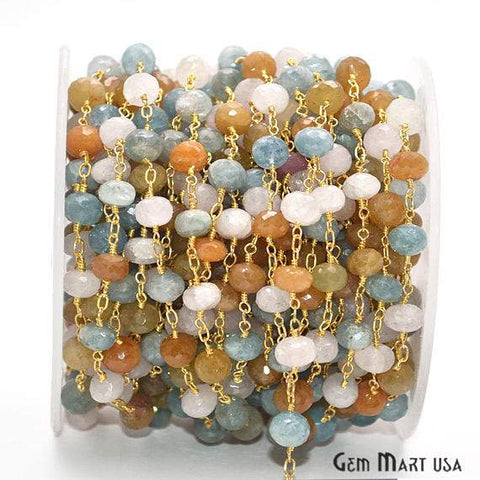 Multi-Color Beads Chain, Gold Plated Wire Wrapped Rosary Chain - GemMartUSA (764024881199)