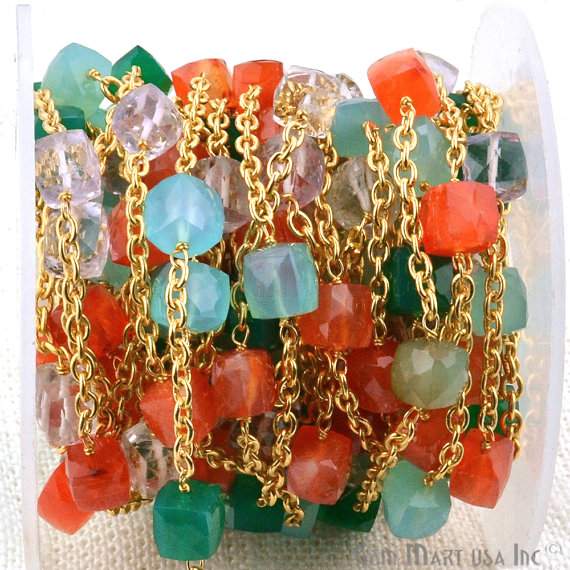 Multi Color Box 7-8mm Beads Chain, Gold Plated Wire Wrapped Rosary Chain - GemMartUSA (764026978351)