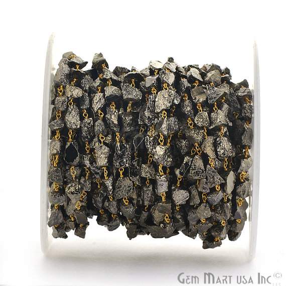 Natural Black Pyrite 6-8mm Rough Nugget Freeform Gold Plated Beads Chain - GemMartUSA (764029141039)