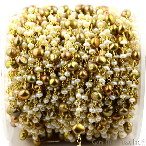 Golden Pearl With Pearl 5mm Gold Plated Wire Wrapped Beads Rosary Chain - GemMartUSA (764031434799)