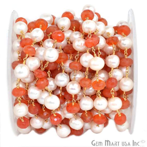 Carnelian With Pearl 7-9mm Beads Chain, Gold Plated Wire Wrapped Rosary Chain - GemMartUSA (764032483375)