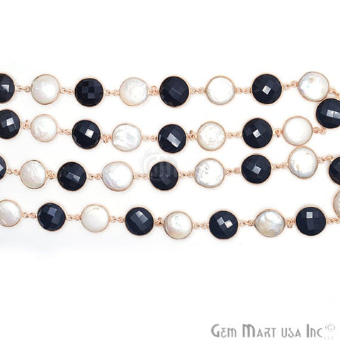 Black onyx with Pearl 16mm Round Bezel Continuous Connector Chain - GemMartUSA (764284502063)