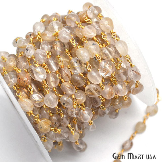 Golden Rutilated Faceted Beads Gold Wire Wrapped Rosary Chain - GemMartUSA (762813513775)