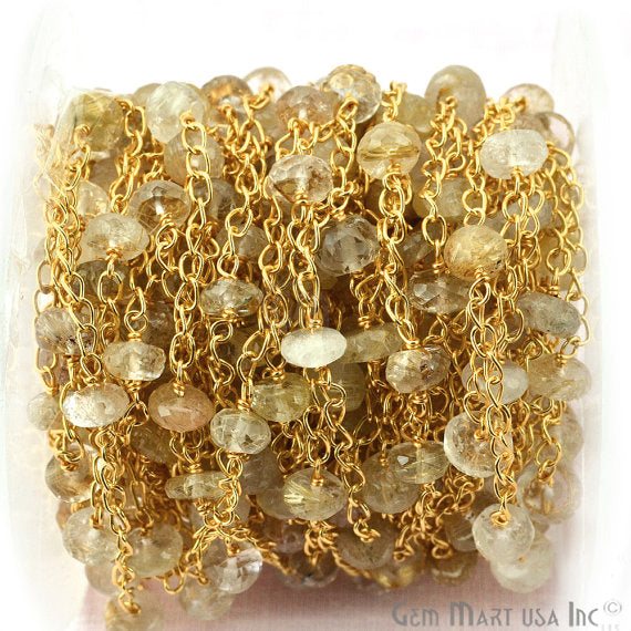Golden Rutilated Beads Chain, Gold Plated Wire Wrapped Rosary Chain - GemMartUSA (762815938607)