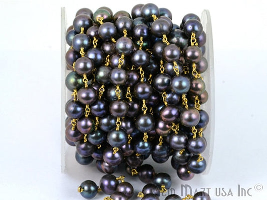 Black Pearl Gold Plated Wire Wrapped Gemstone Beads Rosary Chain - GemMartUSA (763641430063)