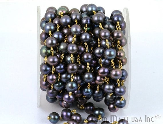 Black pearl Gold Plated Wire Wrapped Beads Rosary Chain - GemMartUSA (763641921583)