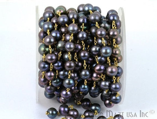 Black pearl Gold Plated Wire Wrapped Beads Rosary Chain - GemMartUSA (763641921583)