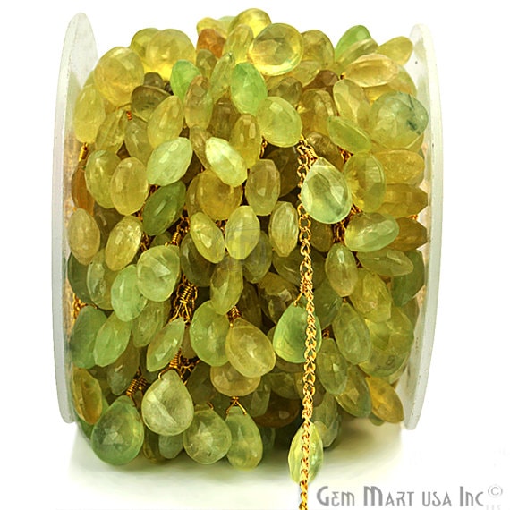 Prehnite Faceted Briolette Gold Wire Wrapped Cluster Rosary Chain - GemMartUSA (763647787055)