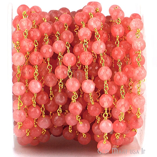 Pink Peach Jade Beads Gold Plated Wire Wrapped Rosary Chain - GemMartUSA (763648770095)