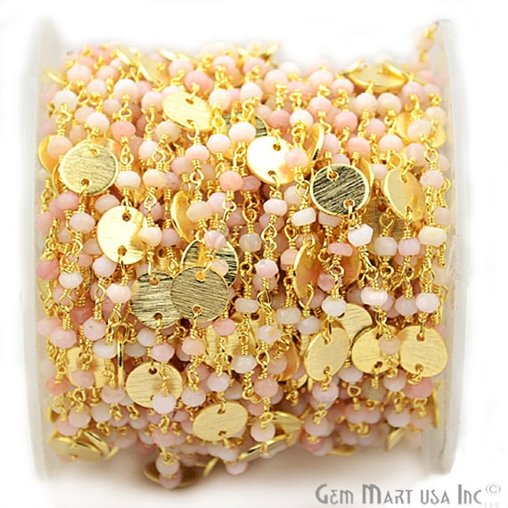 Pink Opal Faceted 3-3.5mm Gold Plated Wire Wrapped Beads Rosary Chain - GemMartUSA (763653128239)