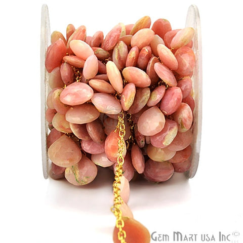 Pink Opal Briolette Gold Wire Wrapped Dangle Beads Rosary Chain - GemMartUSA (763655749679)