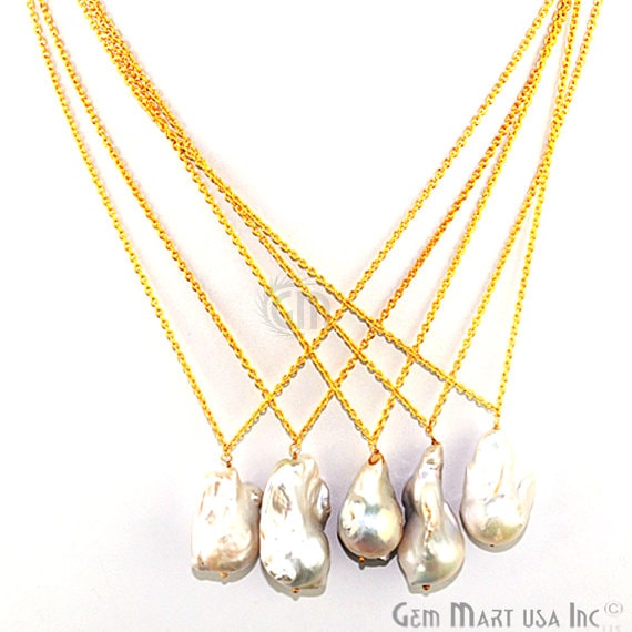 Baroque Pearl Drop 29x15mm Gold Plated Necklace Chain Pendant - GemMartUSA