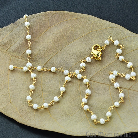 Natural Pearl Necklace chain, 18 Inch Gold Plated Beaded Necklace - GemMartUSA