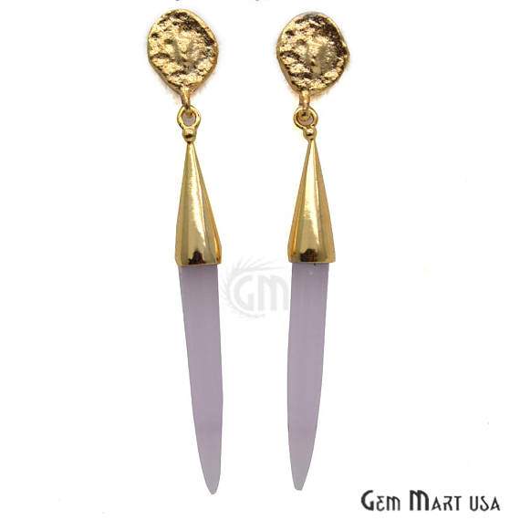 Rose Chalcedony Spike Stud Earring, 64x9mm Spike Shape 24k Gold Plated Gemstone Dangle Earring (GPRC-90009) - GemMartUSA (763434827823)