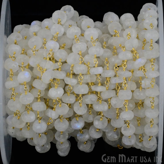 Rainbow Moonstone 6-7mm Gold Plated Wire Wrapped Beads Rosary Chain - GemMartUSA (763789869103)