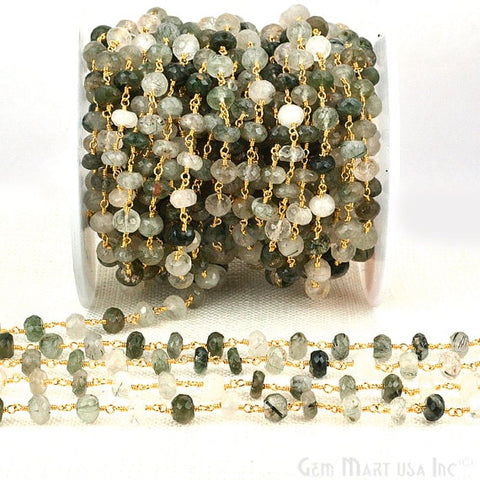 Green Rutilite Beads Chain, Gold Plated Wire Wrapped Rosary Chain - GemMartUSA (763807072303)