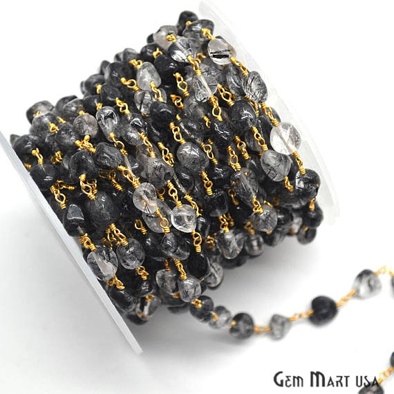 Rutilated 10x6mm Gold Wire Wrapped Beads Rosary Chain - GemMartUSA (762784677935)