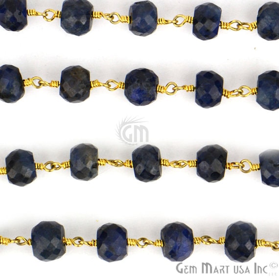 Sapphire 6-7mm Beads Chain, Gold Plated Wire Wrapped Rosary Chain - GemMartUSA (763921203247)