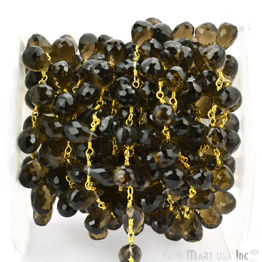 Smoky Topaz Faceted Beads Gold Wire Wrapped Dangle Rosary Chain - GemMartUSA (763712143407)