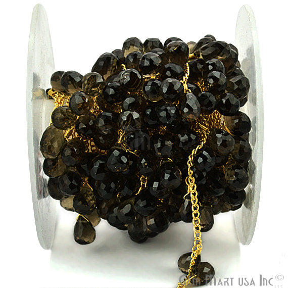 Smokey Topaz Faceted Beads Gold Wire Wrapped Dangle Rosary Chain - GemMartUSA (763712634927)