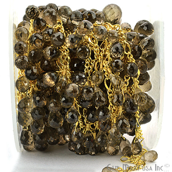 Smoky Topaz Faceted Beads Gold Plated Wire Wrapped Dangle Rosary Chain - GemMartUSA (763713159215)