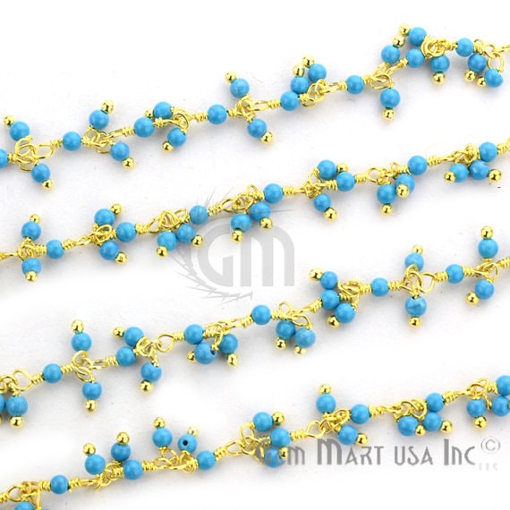 Turquoise Faceted Beads Gold Wire Wrapped Cluster Rosary Chain - GemMartUSA (764183019567)