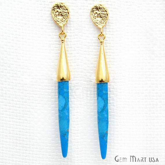 Turquoise Spike Earring, 65x7mm Spike Shape 24k Gold Plated Gemstone Stud Earring (GPTQ-90014) - GemMartUSA (763343011887)