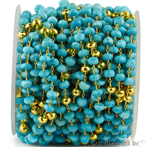 Turquoise With Golden Pyrite 6-7mm Gold Plated Wire Wrapped Rosary Chain - GemMartUSA (764056928303)