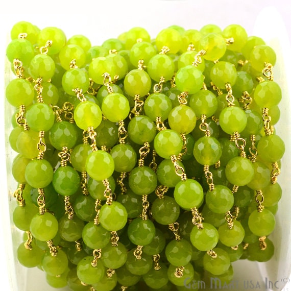 Vessonite Jade 8mm Beads Gold Plated Wire Wrapped Rosary Chain - GemMartUSA (764058370095)