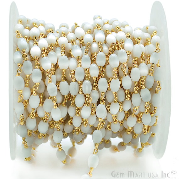 White Monalisa Oval Rondelle Beads Chain, Gold Plated Wire Wrapped Rosary Chain - GemMartUSA (764061057071)