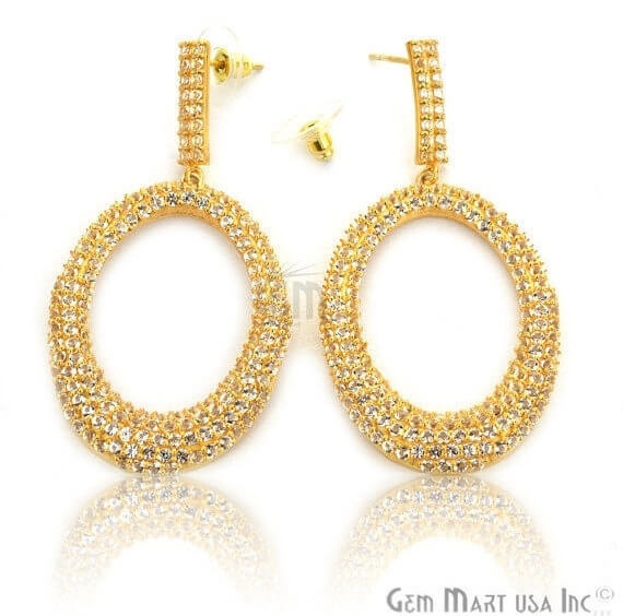 Gold Vermeil Studded With Micro Pave White Topaz 65x33mm Dangle Earring - GemMartUSA