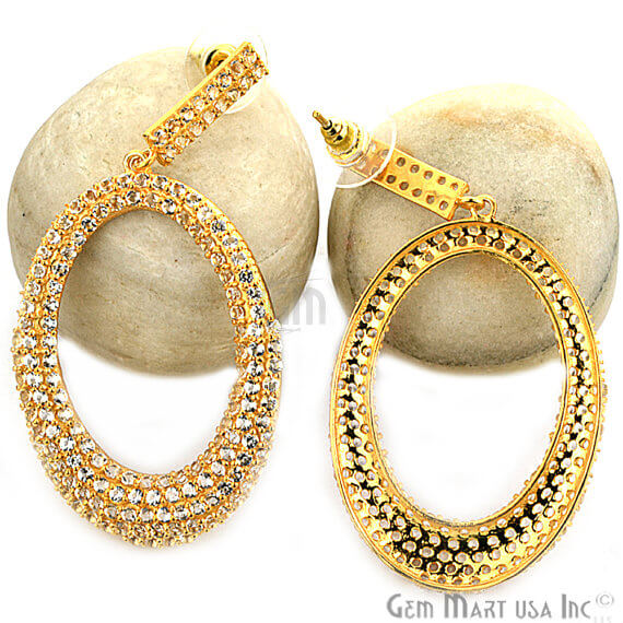 Gold Vermeil Studded With Micro Pave White Topaz 65x33mm Dangle Earring - GemMartUSA