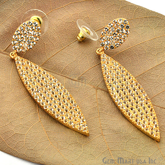 Gold Vermeil Studded With Micro Pave White Topaz 70x12mm Dangle Earring - GemMartUSA