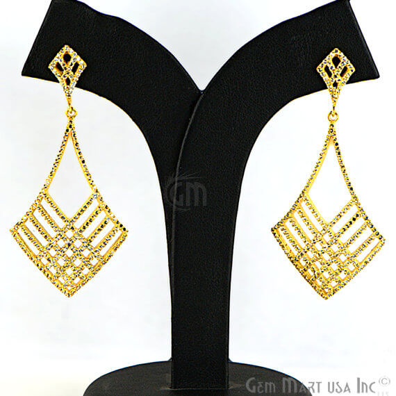 Gold Vermeil Studded With Micro Pave White Topaz 29x60mm Dangle Earring - GemMartUSA