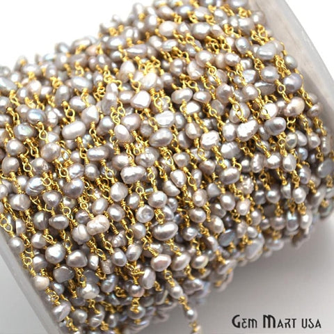 Grey Pearl Beads Gold Plated Wire Wrapped Beads Rosary Chain - GemMartUSA (764063973423)
