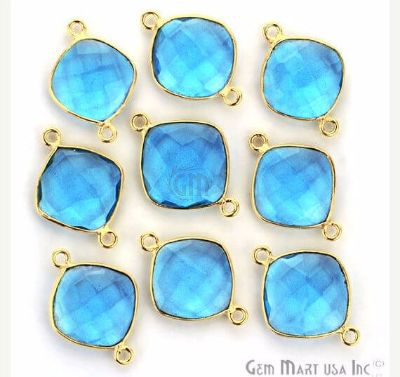 Blue Topaz Bezel Connector Cushion Shape 24K Gold Plated Double Bail Connector - GemMartUSA