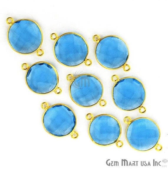 Blue Topaz Bezel Connector Round Shape 24K Gold Plated Double Bail Connector (HB-11524) - GemMartUSA