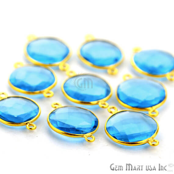 Blue Topaz Bezel Connector Round Shape 24K Gold Plated Double Bail Connector (HB-11524) - GemMartUSA