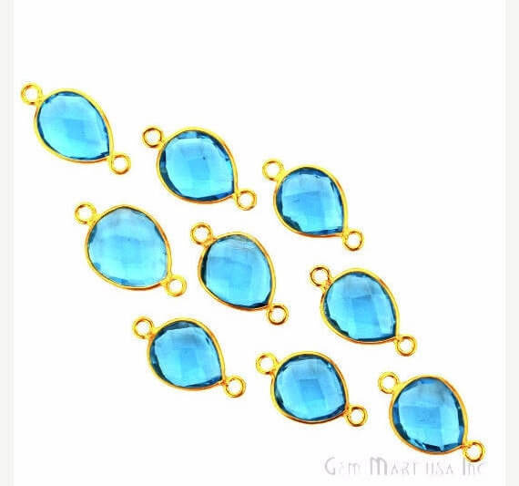 Blue Topaz Bezel Connector Pears Shape 24K Gold Plated Double Bail Connector (HB-11537) - GemMartUSA